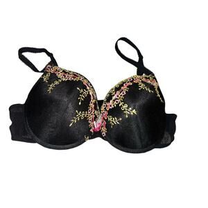 Vintage QT Bra Black Pink Floral Embroidered 38C Rayon Nylon‎ Adjustable Straps